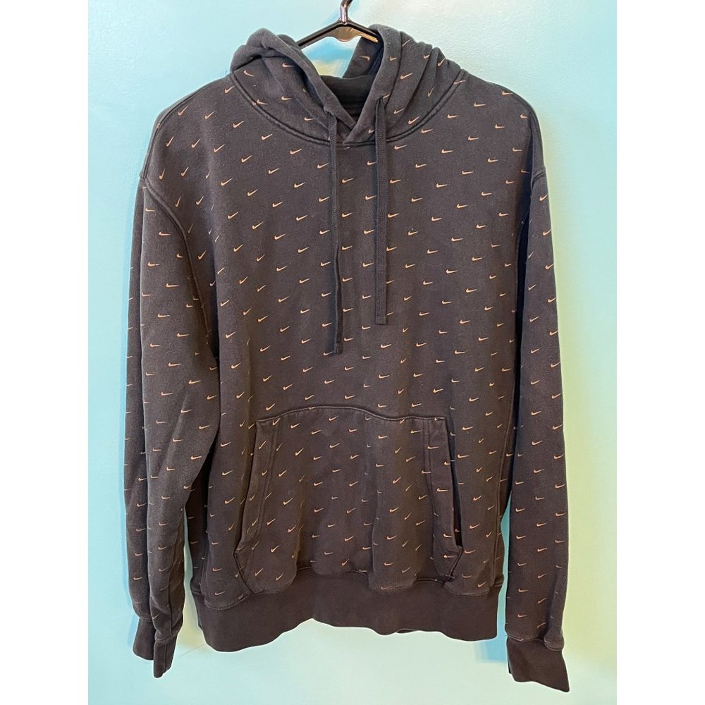 NIKE All Over Swoosh Mens M Medium Black Gold Pullover Sweatshirt Hoodie